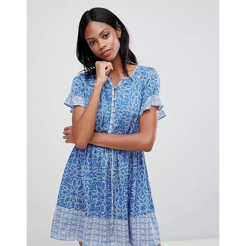 Blue Printed Short Sleeve Dress
